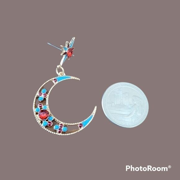 STAR & MOON Assemetrical rhinestone earrings lunar celestial - Picture 3 of 6